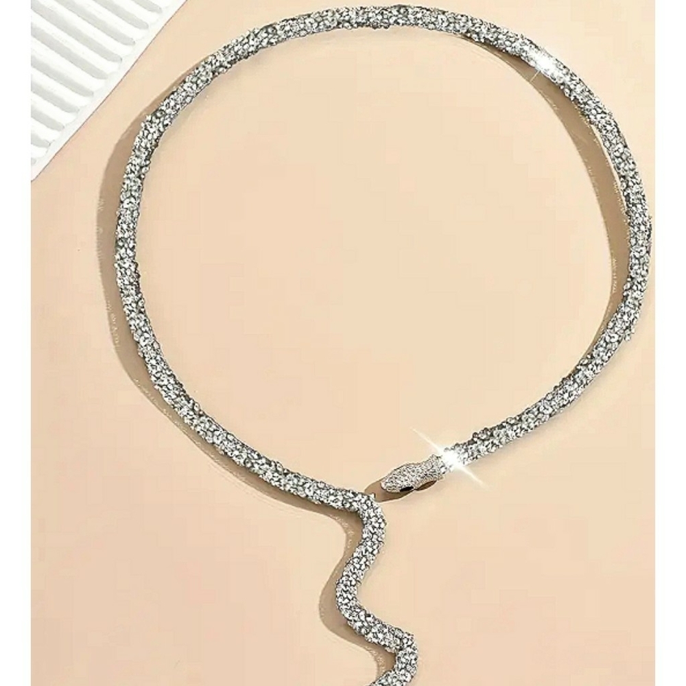Y2K Silvertone Sparkly Snake Choker Wraparound Boho Fashion Trendy Necklace NEW - Picture 6 of 12